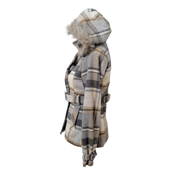 Rue 21 Size S Gray Tan Cream Plaid Polyester Wool Blend Double Breasted Jacket - Picture 6 of 14